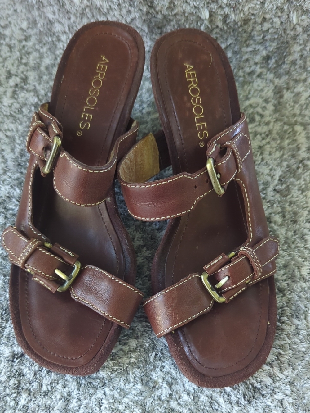 AEROSOLES Brown Leather Double Buckle Slide Sandals Size USA 5.5